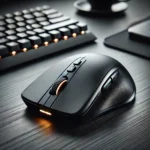 DALL·E 2025-02-06 19.43.24 – An ergonomic wireless mouse with customizable buttons, sleek black design, and a glowing LED indicator, placed on a modern workspace desk